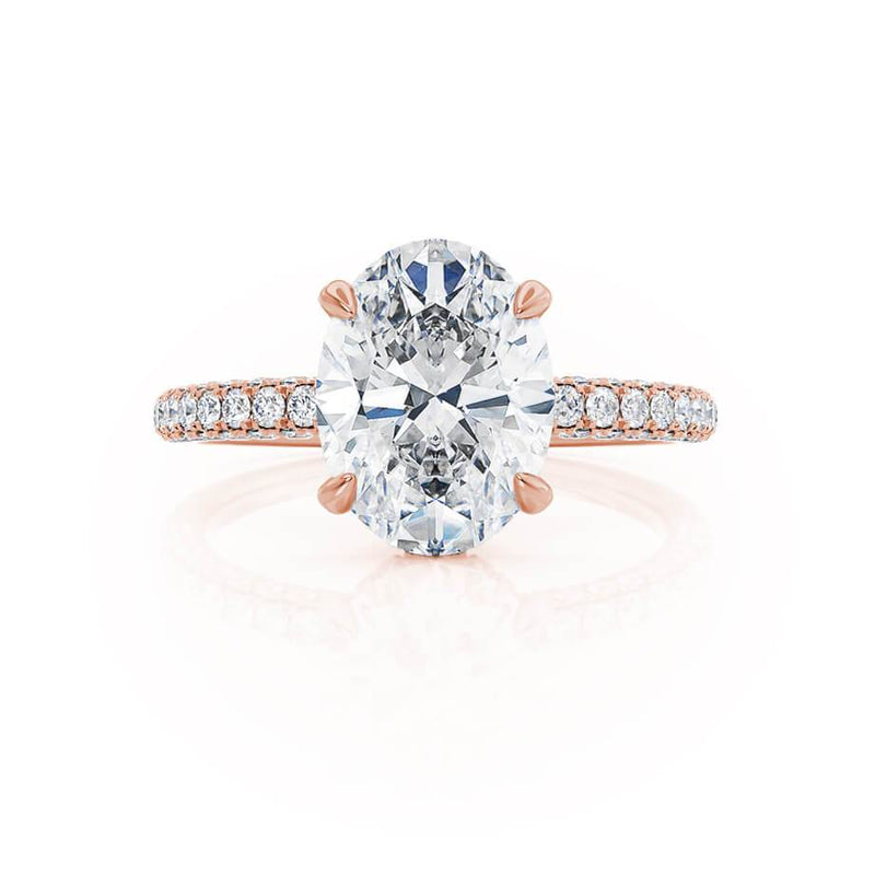 COCO - Oval Moissanite & Diamond 18k Rose Gold Petite Hidden Halo Triple Pavé Shoulder Set Ring Engagement Ring Lily Arkwright