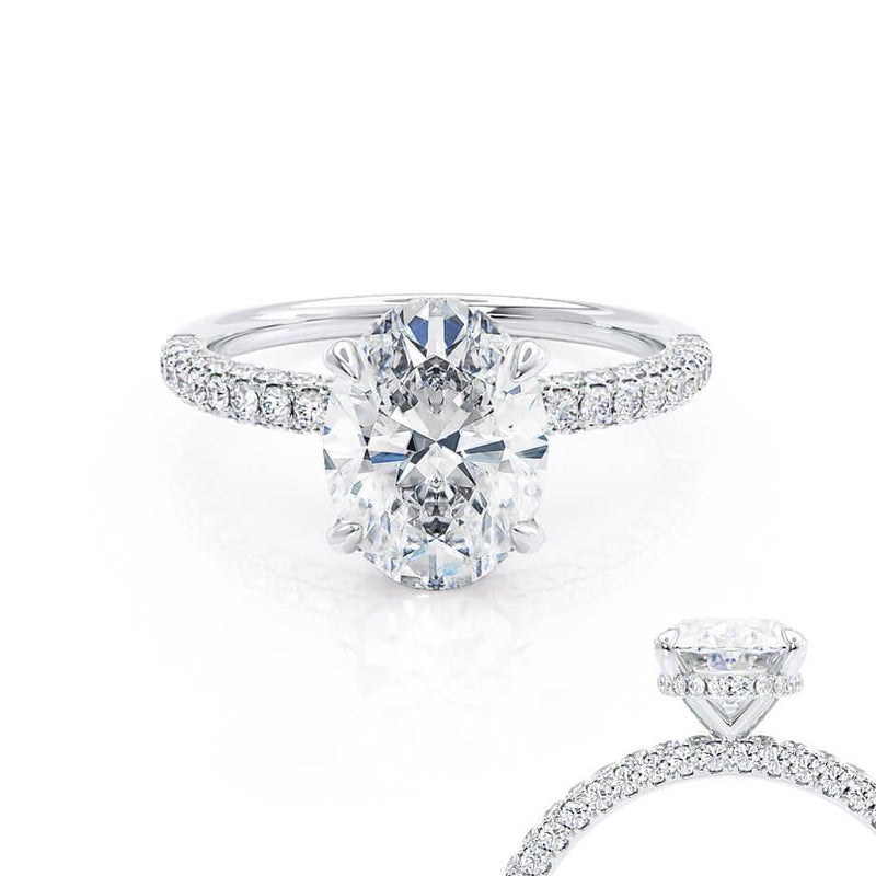 COCO - Ex Display 0.50ct Oval Moissanite & Diamond Platinum Petite Hidden Halo Triple Pavé Shoulder Set Ring Engagement Ring Lily Arkwright