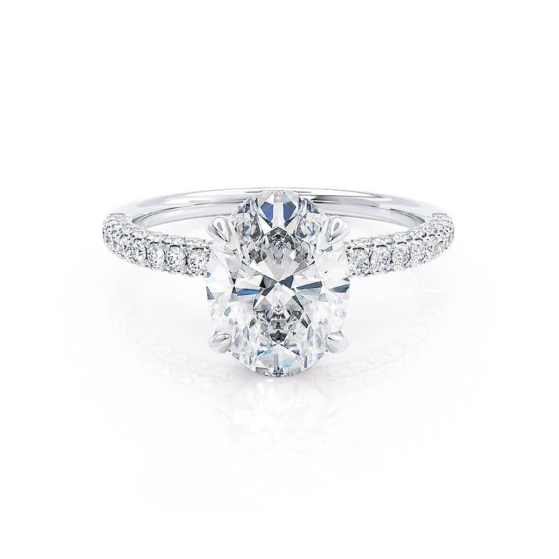 COCO - Ex Display 0.50ct Oval Moissanite & Diamond Platinum Petite Hidden Halo Triple Pavé Shoulder Set Ring Engagement Ring Lily Arkwright