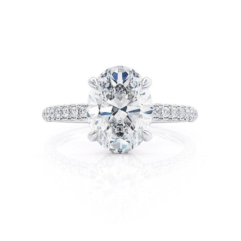 COCO - Oval Moissanite & Diamond 18k White Gold Petite Hidden Halo Triple Pavé Shoulder Set Ring Engagement Ring Lily Arkwright