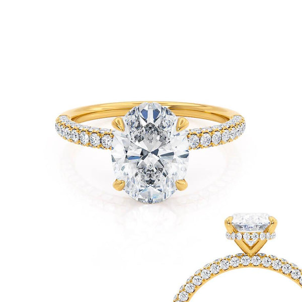 COCO - Oval Moissanite & Diamond 18k Yellow Gold Petite Hidden Halo Triple Pavé Shoulder Set Ring Engagement Ring Lily Arkwright