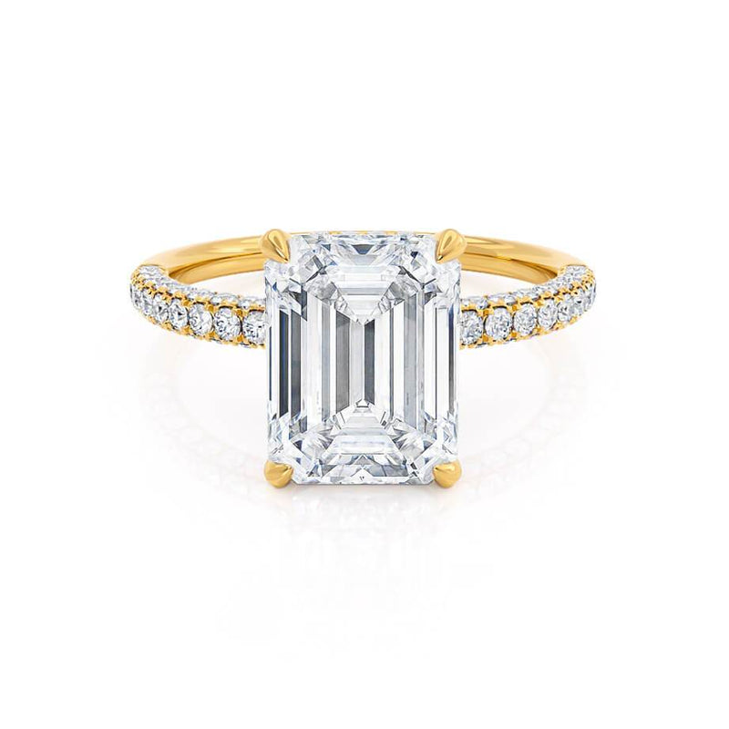 COCO - Emerald Moissanite & Diamond 18k Yellow Gold Petite Hidden Halo Triple Pavé Ring Engagement Ring Lily Arkwright