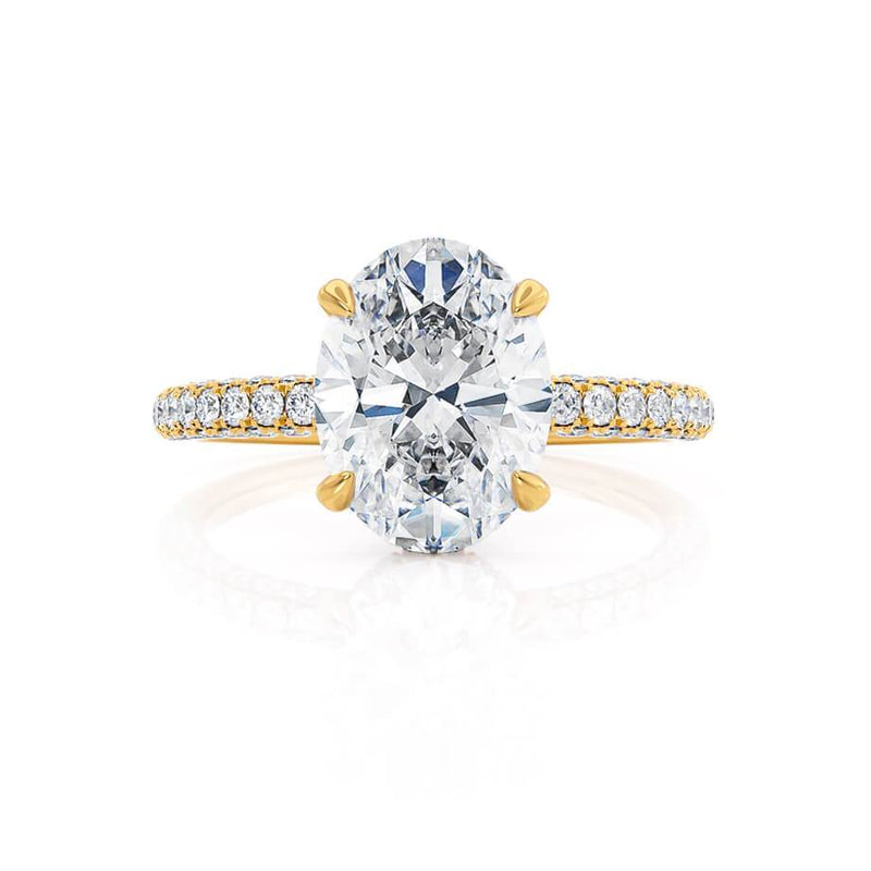 COCO - Oval Lab Diamond 18k Yellow Gold Petite Hidden Halo Triple Pavé Shoulder Set Engagement Ring Lily Arkwright