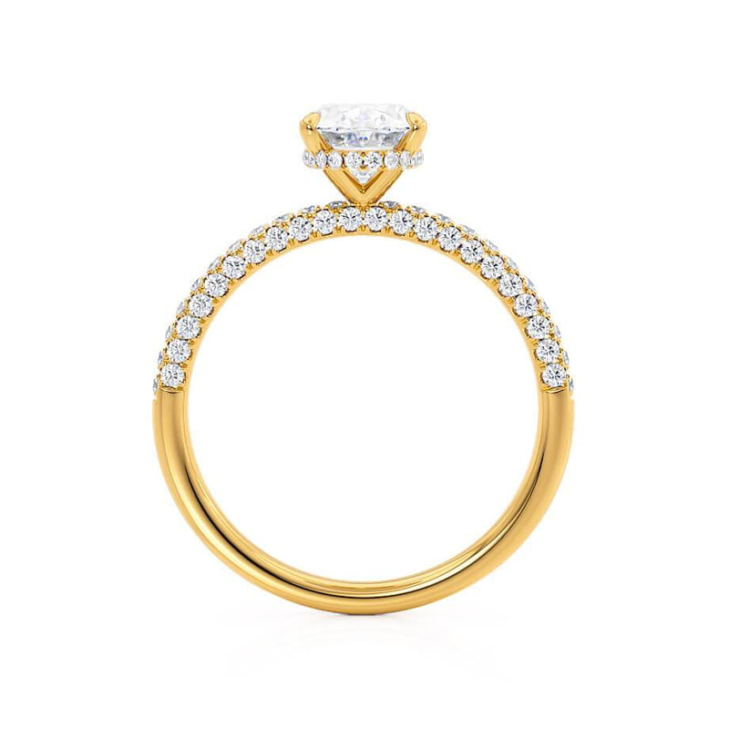 COCO - Oval Moissanite & Diamond 18k Yellow Gold Petite Hidden Halo Triple Pavé Shoulder Set Ring Engagement Ring Lily Arkwright