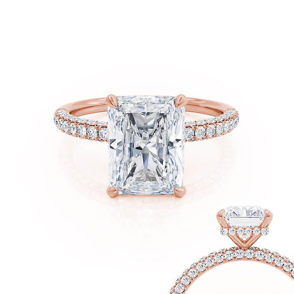 COCO - Radiant Moissanite & Diamond 18k Rose Gold Petite Hidden Halo Triple Pavé Shoulder Set Ring Engagement Ring Lily Arkwright