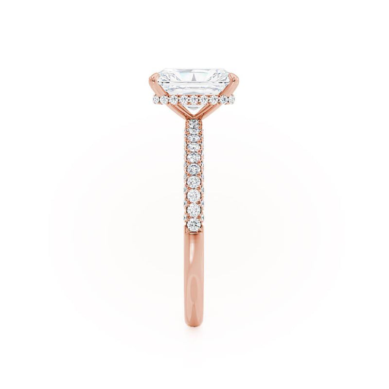 COCO - Radiant Moissanite & Diamond 18k Rose Gold Petite Hidden Halo Triple Pavé Shoulder Set Ring Engagement Ring Lily Arkwright