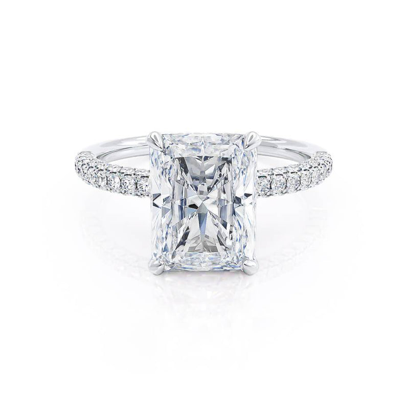 COCO - Radiant Moissanite & Diamond Platinum Petite Hidden Halo Triple Pavé Shoulder Set Ring Engagement Ring Lily Arkwright