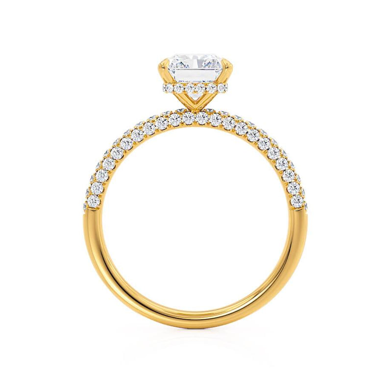 COCO - Radiant Moissanite & Diamond 18k Yellow Gold Petite Hidden Halo Triple Pavé Shoulder Set Ring Engagement Ring Lily Arkwright