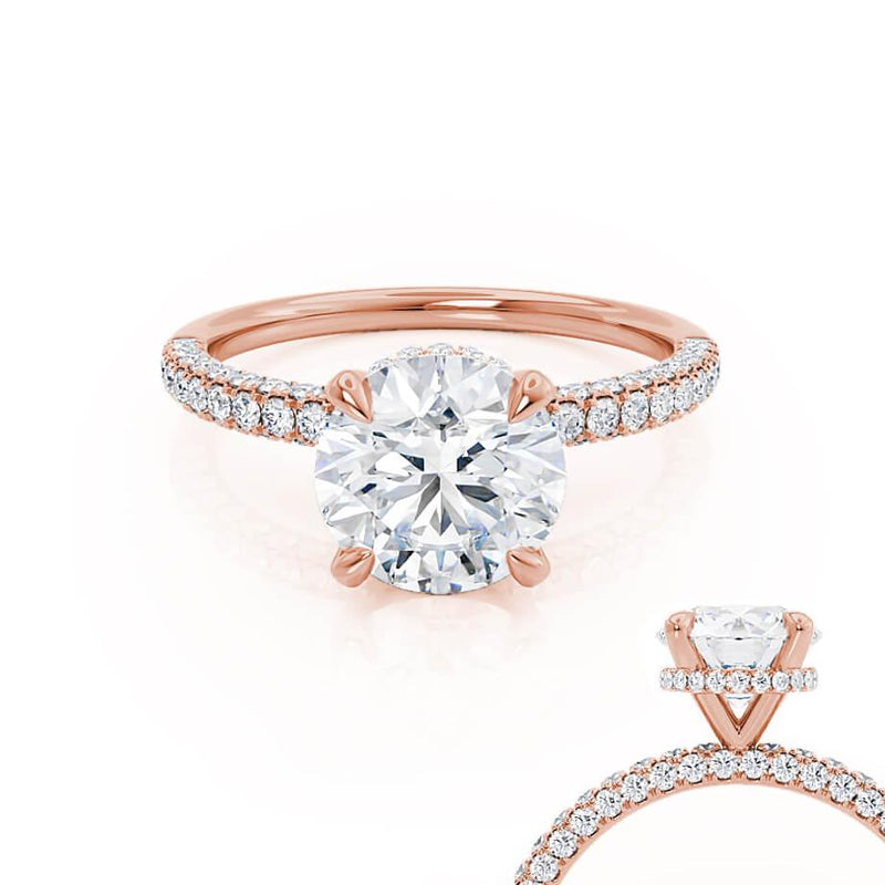 COCO- Round Natural Diamond 18k Rose Gold Petite Hidden Halo Triple Pavé Shoulder Set Ring Engagement Ring Lily Arkwright