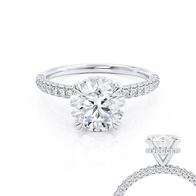COCO- Round Moissanite & Diamond 18k White Gold Petite Hidden Halo Triple Pavé Shoulder Set Ring Engagement Ring Lily Arkwright