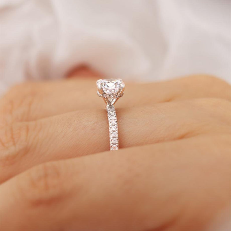 COCO- Round Lab Diamond 18k White Gold Petite Hidden Halo Triple Pavé Shoulder Set Ring Engagement Ring Lily Arkwright
