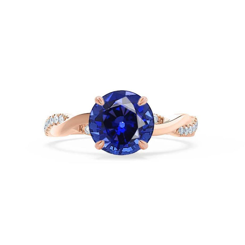 Eden rose gold twisted vine solitaire Chatham round medium blue sapphire diamond engagement ring Lily Arkwright 