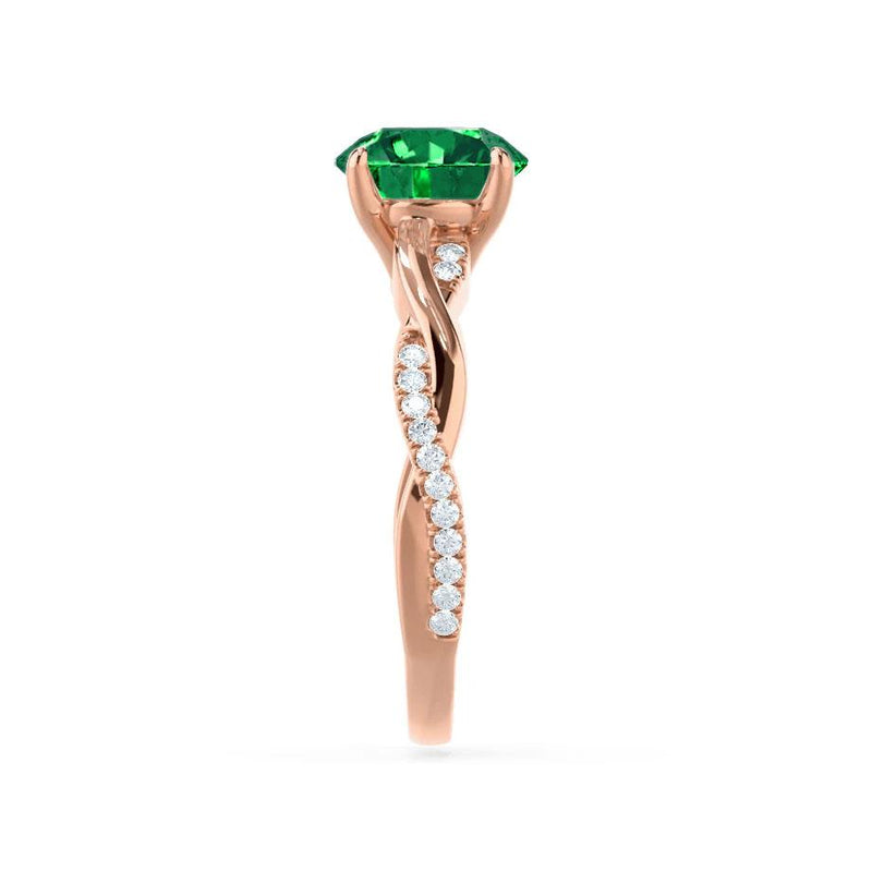 Eden brilliant round cut emerald and diamond engagement ring 18k rose gold solitaire Lily Arkwright