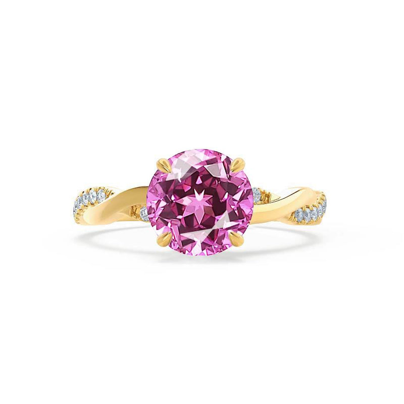 Eden yellow gold twisted vine solitaire Chatham round medium pink sapphire diamond engagement ring Lily Arkwright 