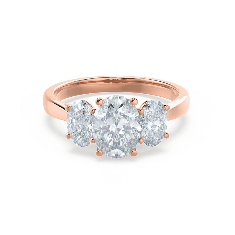 EVERDEEN - Ex Display 0.26ct/ 0.90ct/ 0.26ct Oval Moissanite 18k Rose Gold Trilogy Ring Engagement Ring Lily Arkwright