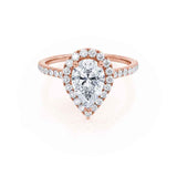 Harlow pear cut moissanite lab diamond halo engagement ring 18k rose gold by Lily Arkwright