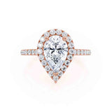 Harlow pear cut diamond Forever One moissanite lab created engagement ring 18k rose gold petite diamond halo Lily Arkwright