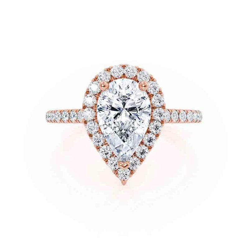 Harlow pear cut diamond Forever One moissanite lab created engagement ring 18k rose gold petite diamond halo Lily Arkwright