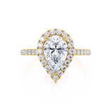 Harlow pear cut diamond Forever One moissanite lab created engagement ring 18k yellow gold petite diamond halo Lily Arkwright