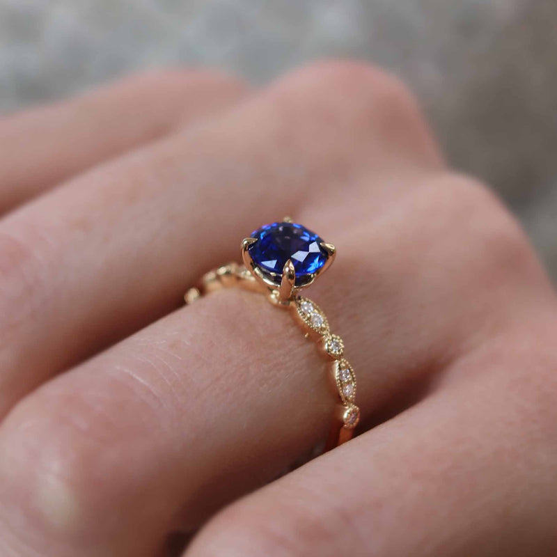 HOPE - Chatham® Round Blue Sapphire 18k Rose Gold Shoulder Set Ring Engagement Ring Lily Arkwright