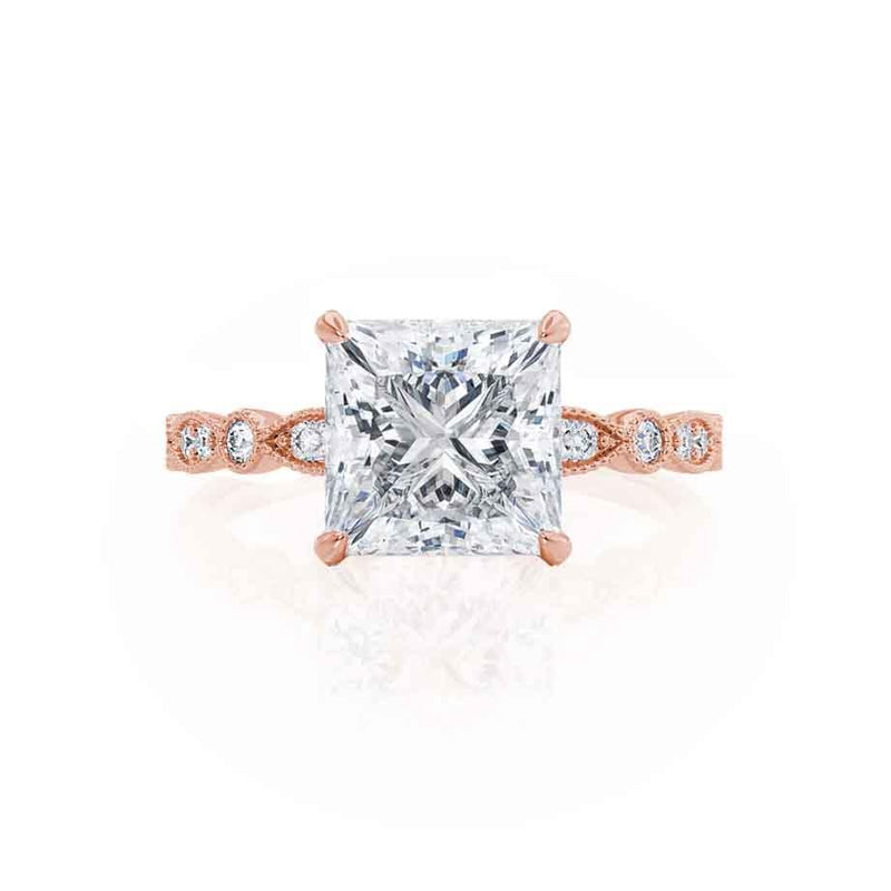 HOPE - Princess Moissanite & Diamond 18k Rose Gold Vintage Shoulder Set Engagement Ring Lily Arkwright