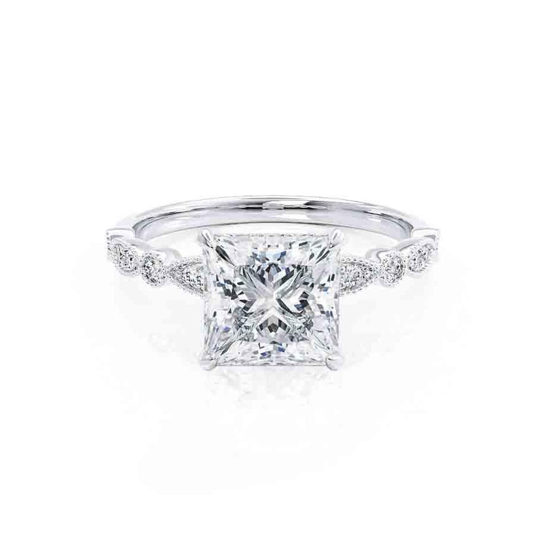 HOPE - Princess Moissanite & Diamond 18k White Gold Vintage Shoulder Set Engagement Ring Lily Arkwright