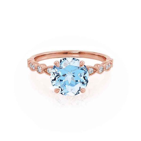 HOPE - Chatham® Round Aqua Spinel 18k Rose Gold Shoulder Set Ring Engagement Ring Lily Arkwright