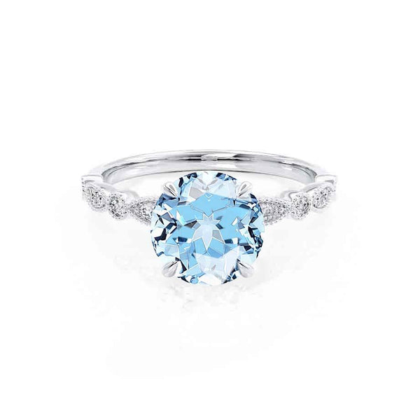 HOPE - Chatham® Round Aqua Spinel 18k White Gold Shoulder Set Ring Engagement Ring Lily Arkwright