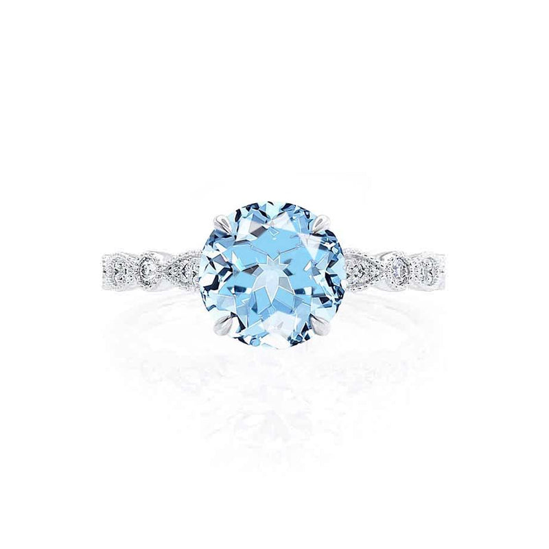 HOPE - Chatham® Round Aqua Spinel 18k White Gold Shoulder Set Ring Engagement Ring Lily Arkwright