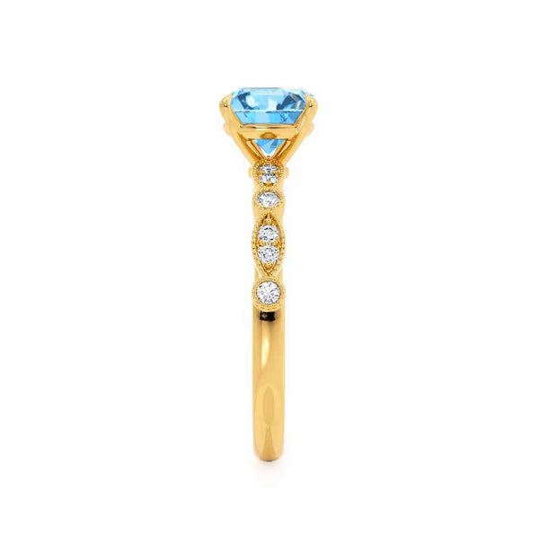 HOPE - Chatham® Round Aqua Spinel 18k Yellow Gold Shoulder Set Ring Engagement Ring Lily Arkwright