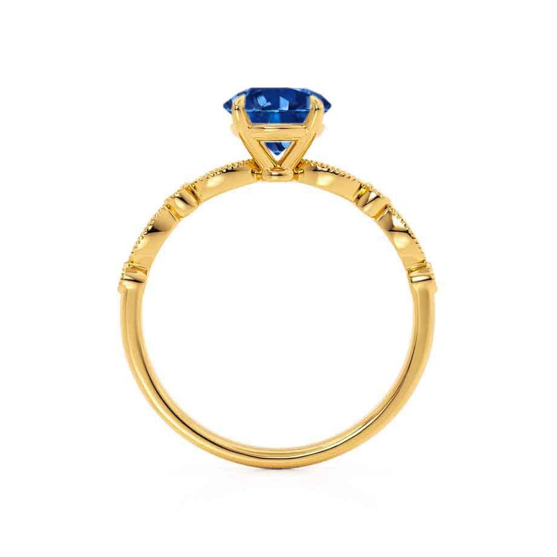 Hope round cut chatham blue sapphire lab diamond engagement ring 18k yellow gold classic marquise shoulder set Lily Arkwright 