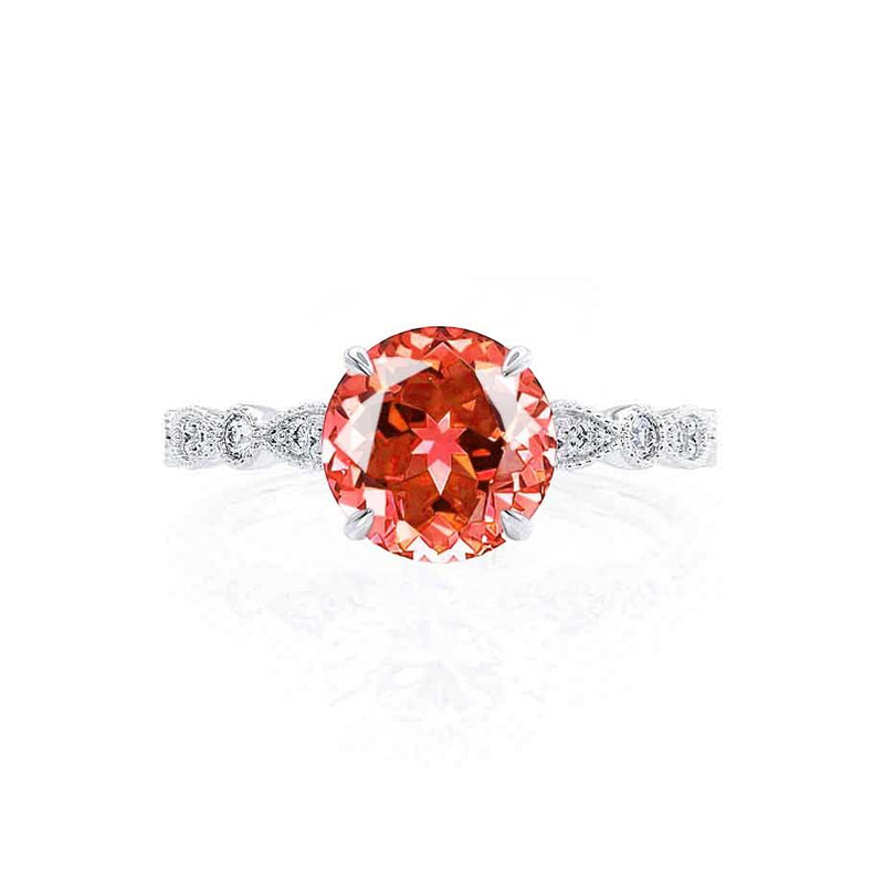 Hope platinum marquise shoulder set milgrain detail Chatham round pink sapphire diamond engagement ring Lily Arkwright 