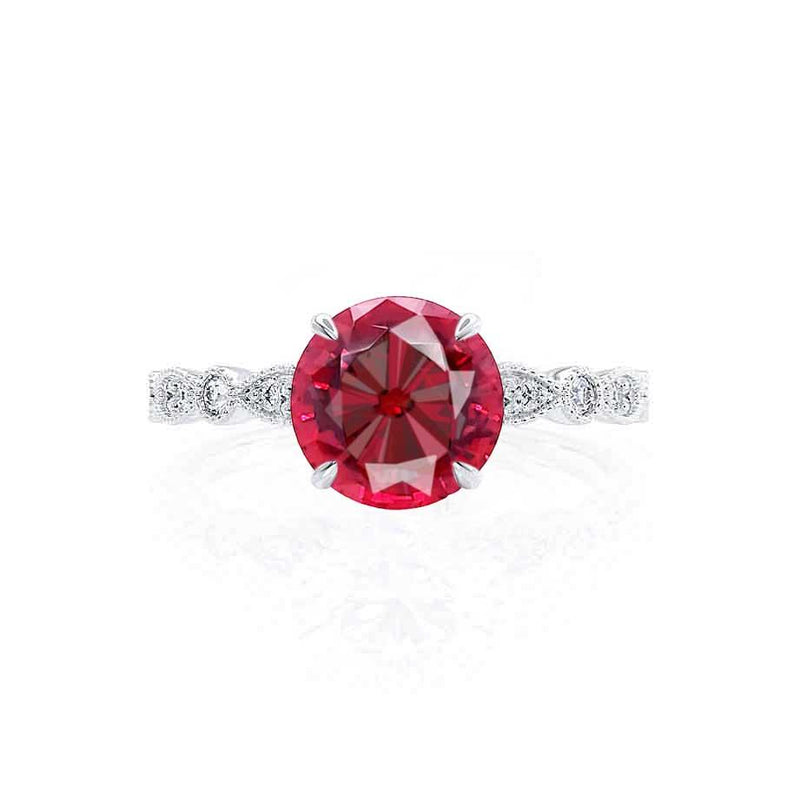 Hope platinum marquise shoulder set milgrain detail Chatham round ruby diamond engagement ring Lily Arkwright 