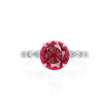 Hope white gold marquise shoulder set milgrain detail Chatham round ruby diamond engagement ring Lily Arkwright 