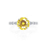 Hope platinum marquise shoulder set milgrain detail Chatham round yellow sapphire diamond engagement ring Lily Arkwright 