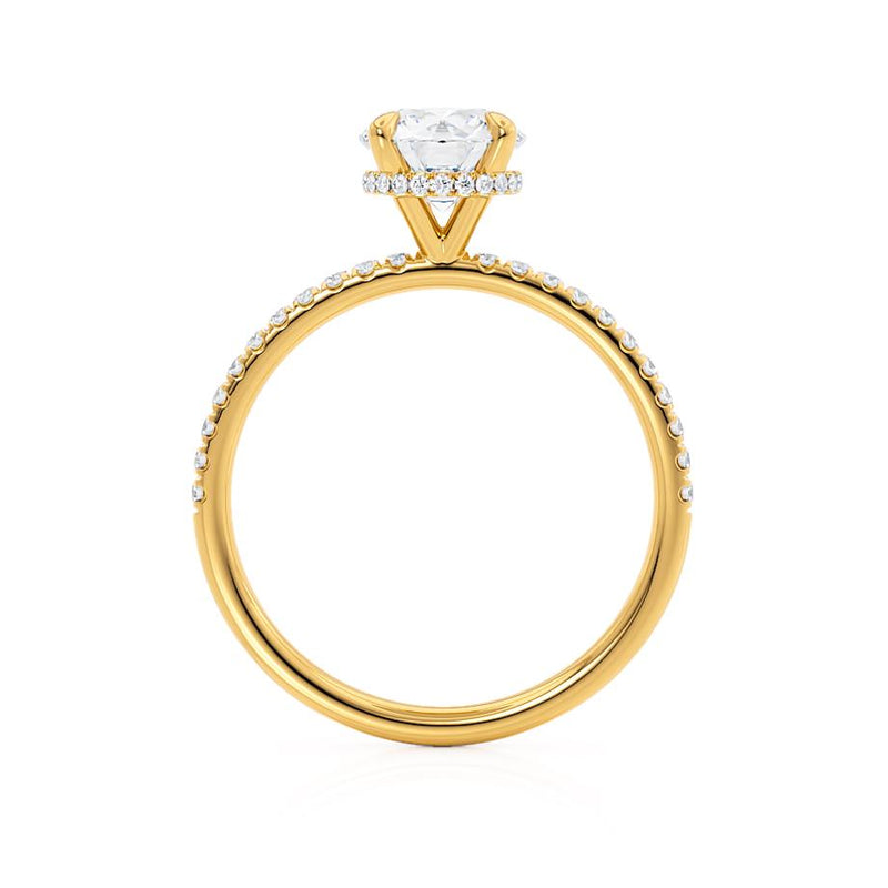 LIVELY - Round Moissanite & Diamond 18k Yellow Gold Petite Hidden Halo Pavé Shoulder Set Ring Engagement Ring Lily Arkwright