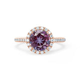 Lavender rose gold halo shoulder set Chatham round alexandrite diamond engagement ring Lily Arkwright
