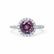 Lavender white gold halo shoulder set Chatham round alexandrite diamond engagement ring Lily Arkwright