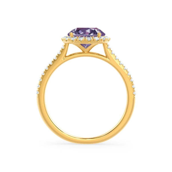 LAVENDER- Chatham Alexandrite & Diamond 18k Yellow Gold Petite Halo Engagement Ring Lily Arkwright