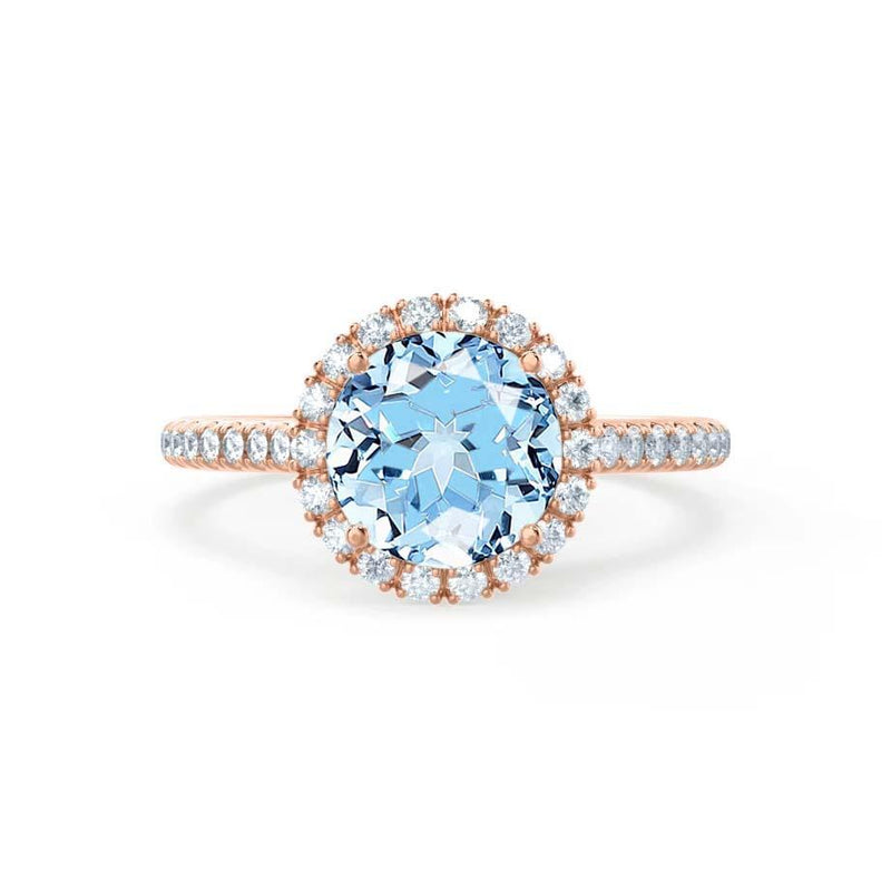 LAVENDER- Chatham® Aqua Spinel & Diamond 18k Rose Gold Petite Halo Engagement Ring Lily Arkwright