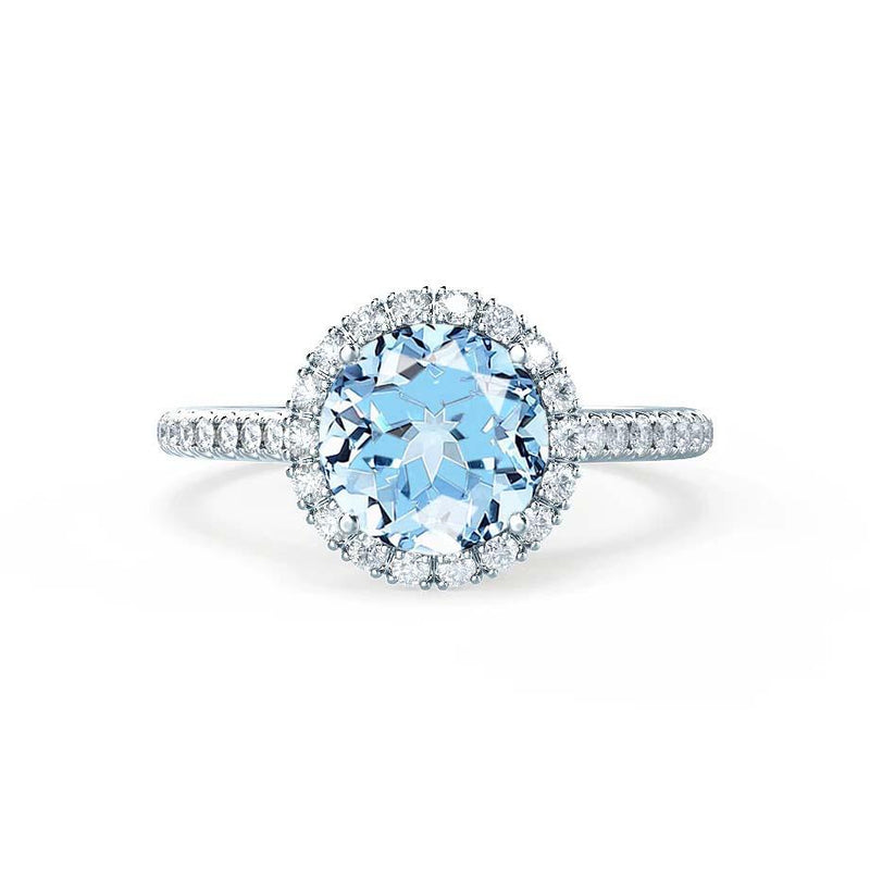 LAVENDER- Chatham® Aqua Spinel & Diamond 950 Platinum Petite Halo Engagement Ring Lily Arkwright