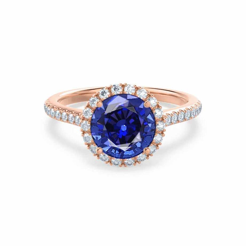 LAVENDER- Chatham Blue Sapphire & Diamond 18k Rose Gold Petite Halo Engagement Ring Lily Arkwright