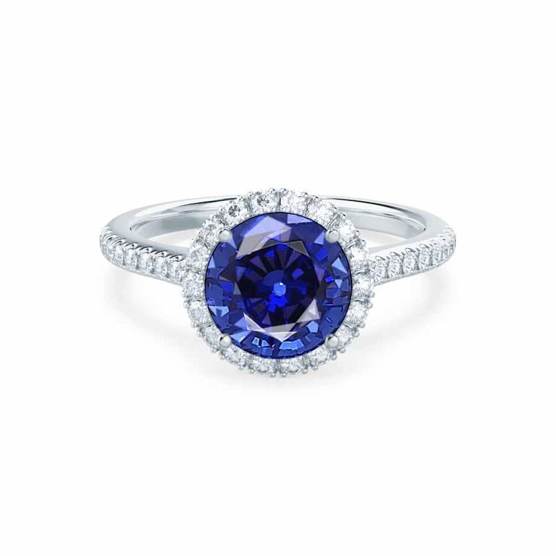 LAVENDER- Chatham Blue Sapphire & Diamond Platinum Petite Halo Engagement Ring Lily Arkwright