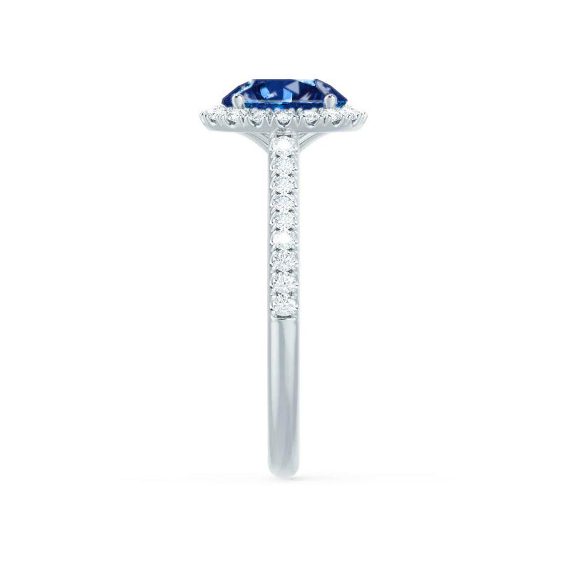LAVENDER- Chatham Blue Sapphire & Diamond Platinum Petite Halo Engagement Ring Lily Arkwright