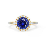 LAVENDER- Chatham Blue Sapphire & Diamond 18k Yellow Gold Petite Halo Engagement Ring Lily Arkwright