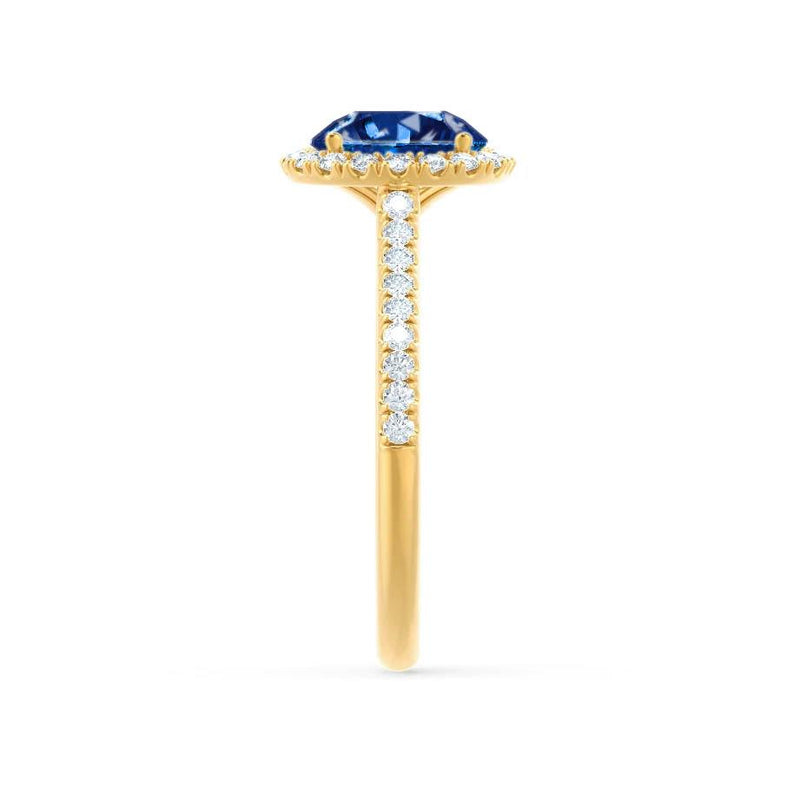 Lavender Chatham Gems Blue Sapphire Engagement Ring 18k Yellow Gold Shoulder Set Halo Lily Arkwright 