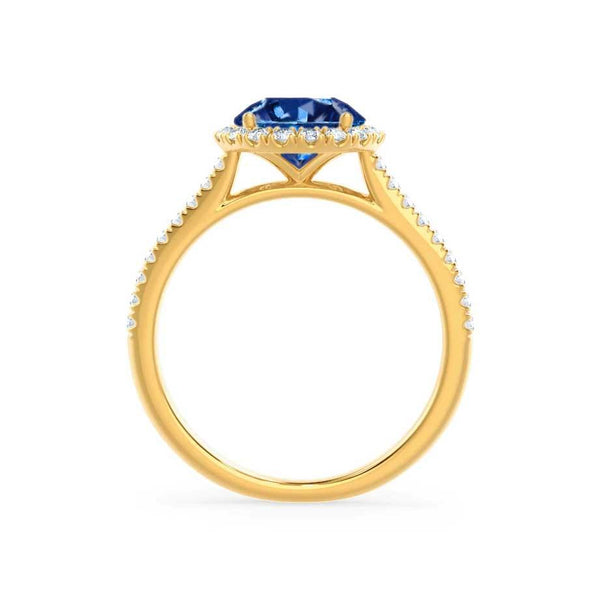 LAVENDER- Chatham Blue Sapphire & Diamond 18k Yellow Gold Petite Halo Engagement Ring Lily Arkwright