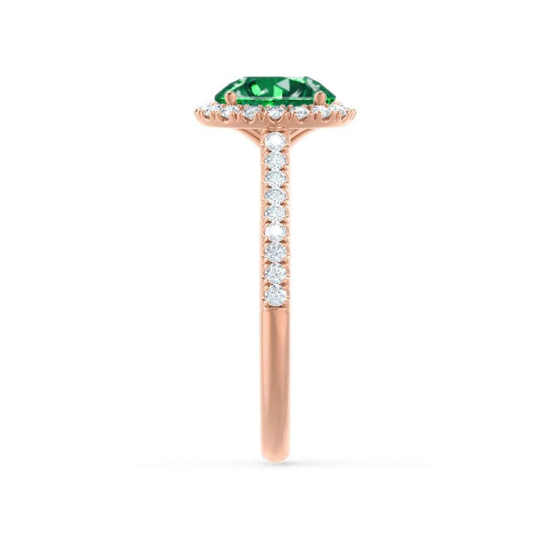 Lavender round cut emerald and diamond halo engagement ring rose gold shoulder set Lily Arkwright 