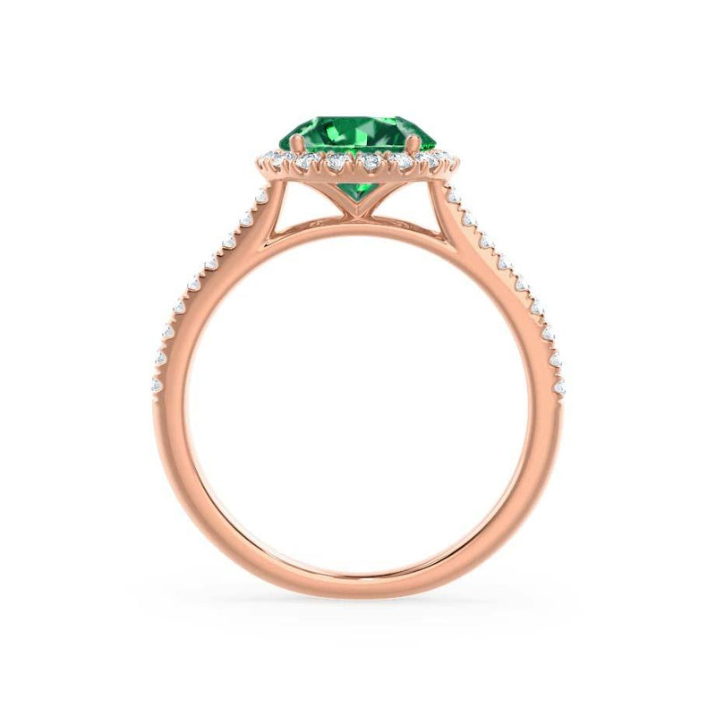 LAVENDER- Chatham Emerald & Diamond 18k Rose Gold Petite Halo Engagement Ring Lily Arkwright