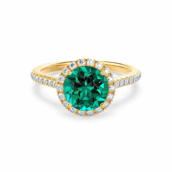Lavender round cut emerald lab diamond halo engagement ring 18k yellow gold shoulder set by Lily Arkwright 